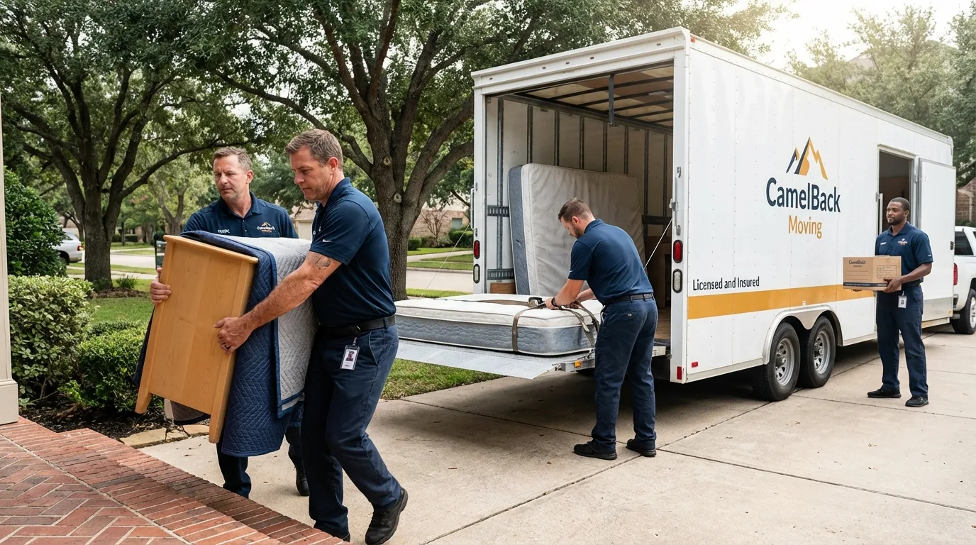Crew loading residential truck for cross-state move from Topeka, IN