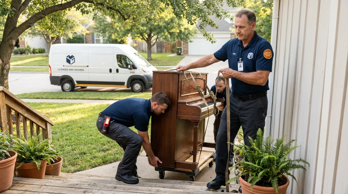 Licensed piano movers securing grand piano in Topeka, IN