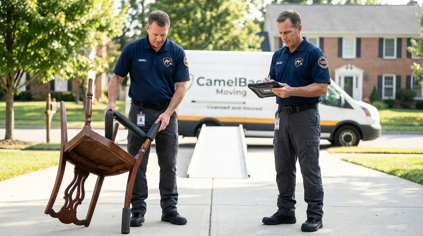 Movers inspecting furniture for damage prevention before loading in Topeka, IN